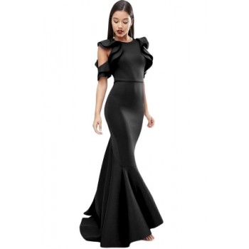 Black Celeb Style Scuba Ruffle Extreme Fishtail Maxi Dress